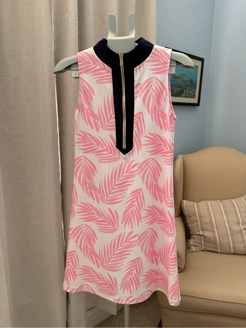 Kaeli Smith Sleeveless Pink Palm-Print Women’s Preppy Dress Navy Zip Panel XS